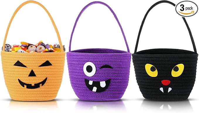Halloween Trick or Treat Basket with Handle Cute Bucket Cotton Rope Woven Candy Bag Pumpkin Witch Cat Pig Storage Basket for Halloween Party Favor(3 Packs,Mixed Style)