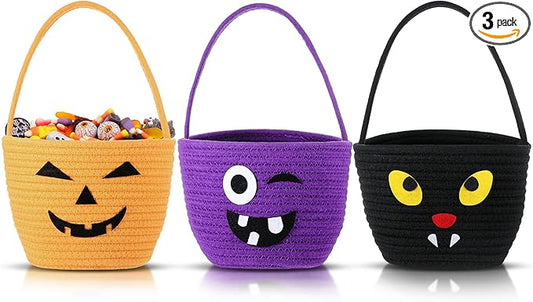 Halloween Trick or Treat Basket with Handle Cute Bucket Cotton Rope Woven Candy Bag Pumpkin Witch Cat Pig Storage Basket for Halloween Party Favor(3 Packs,Mixed Style)