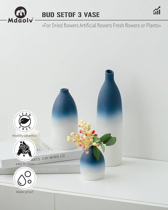 Mdaolv Blue and White Vase Set Navy Blue Decor Coastal Decor Vases for Kitchen Island Living Room Office Table Fireplace Mantle Decorations & Bathroom Shelf Decor Centerpiece Table Decorations Ceramic
