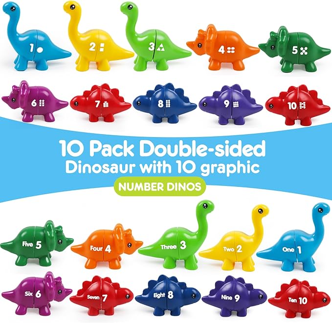 USATDD Numbers Matching Dinosaur Toy 1-10 Counting Sorting Game Double-Sided Dino Fine Motor Toys Number Recognition Learning Toy, Stocking Stuffers for for Kids Boys Girls