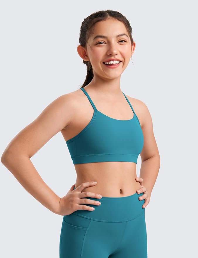 CRZ YOGA Girls Butterluxe Y Back Sports Bra - Yoga Athletic Casual Tops Scoop Neck Spaghetti Strap Padded Crop Kids Teen