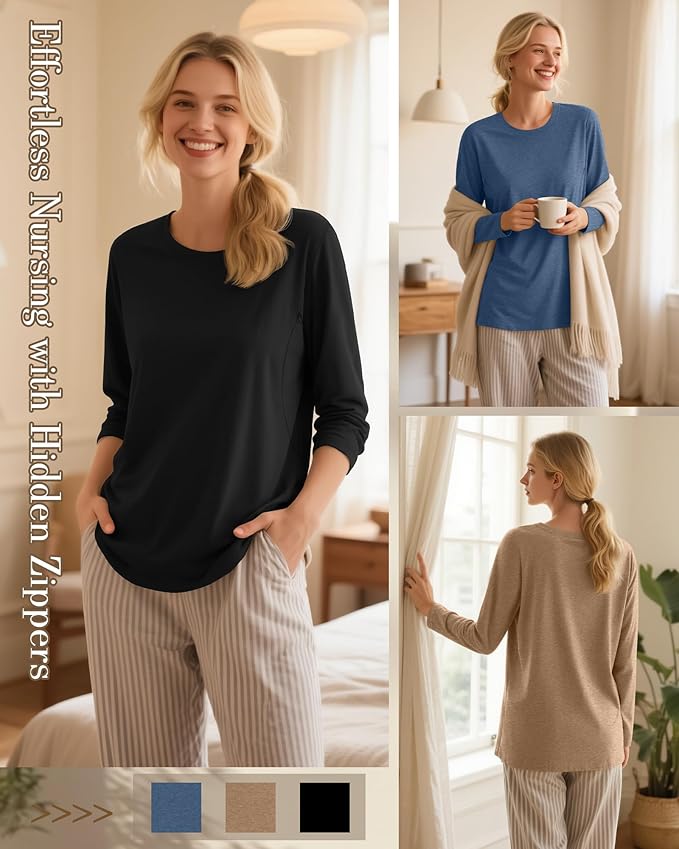 3 Pack Nursing Tops for Breastfeeding Maternity Shirts Zipper Long Sleeve Round Neck Knit Casual Nursing Clothes