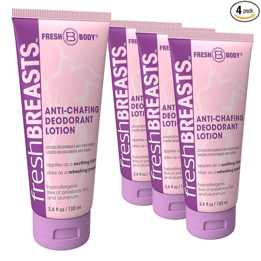 Fresh Breasts Anti-Chafing Cream Deodorant Lotion to Powder, 3.4 Fl Oz (4 Pack) Whole Body Anti-Friction for Women, Inner Thighs & Areas that Sweat, No Talc, Aluminum & Fragrance