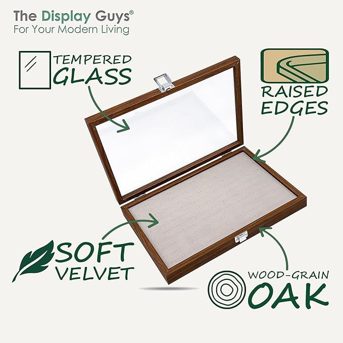 Wooden Travel Jewelry Box w. Tempered Glass Display Lid - Rings Storage - 100-Slots Velvet Organizer (Dark Oak) by The Display Guys
