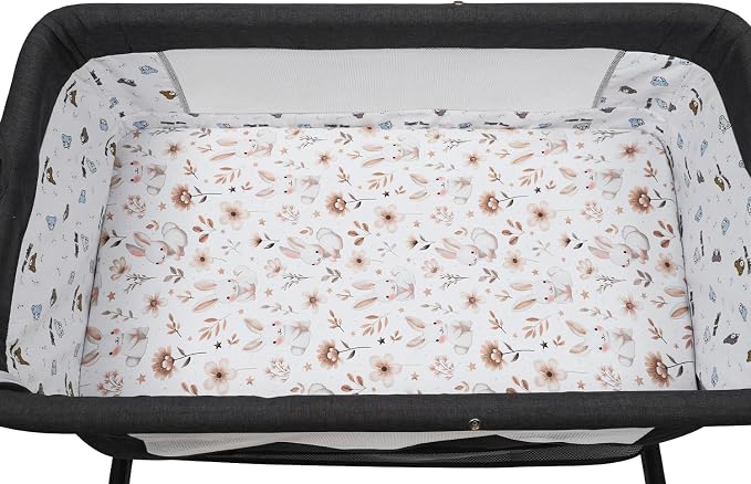 Stretchy Fitted Crib Sheets Set 2 Pack Portable Crib Mattress Topper for Baby Girl Boy,Ultra Soft Jersey Material, Brown & Rabbit