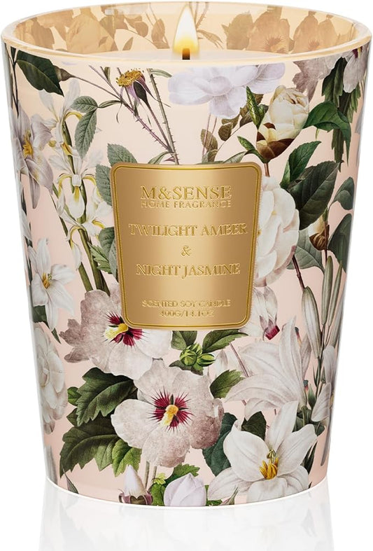 M&SENSE Amber Jasmine Natural Soy Scented Candle, 14.1oz 60H Slow Burning Aromatherapy Candle, Home Fragrance, Floral Gifts for Women\