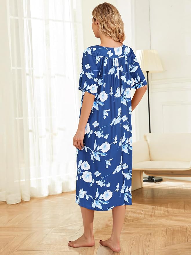 House Dresses for Women with Pockets Moo Moo Nightgown Short Sleeve Mumu Dress Lounge Dress S-3XL