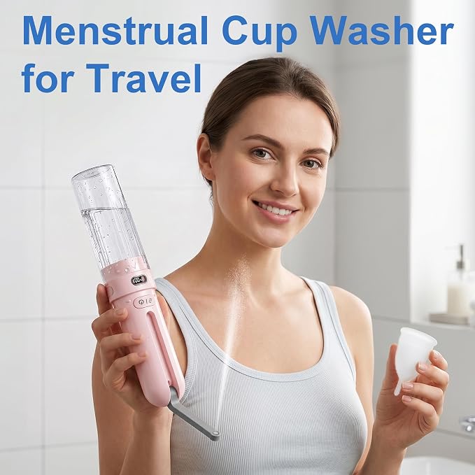 Electric Menstrual Cup Cleaner, Portable Bidet for Feminine Care | Women period essentials Fashionable pink, USB-C rechargeable, Adjustable pressure modes, IPX7 waterproof, Compact travel size