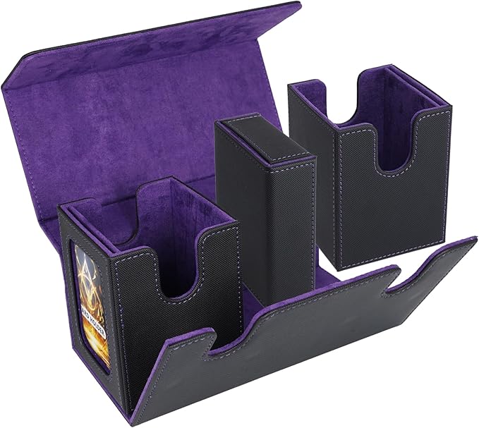 AFIING MTG Commander Deck Box 200 Double Sleeved Cards Storage, 3-in-1 Magnetic Card Case Organizer for Magic: The Gathering TCG CCG, 4 Dividers & 2 Toploaders Black/Purple