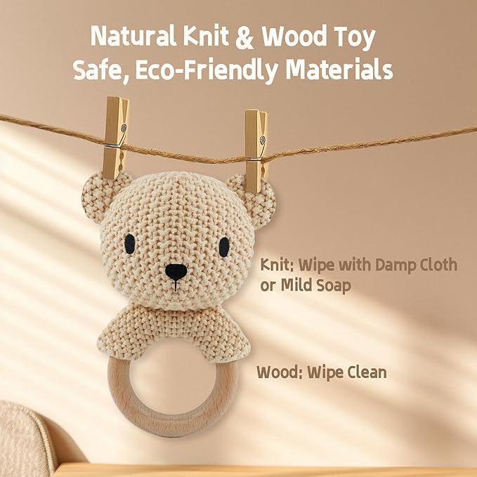 Teddy Bear Baby Rattle Toy 0-6 Months Crochet Knitted Plush Stuffed Animal Teether Natural Wood Ring Cute Bear Baby Gift Gentle Sound Shaker for Newborn Infant Crib Soothing Sleep Aid Gift