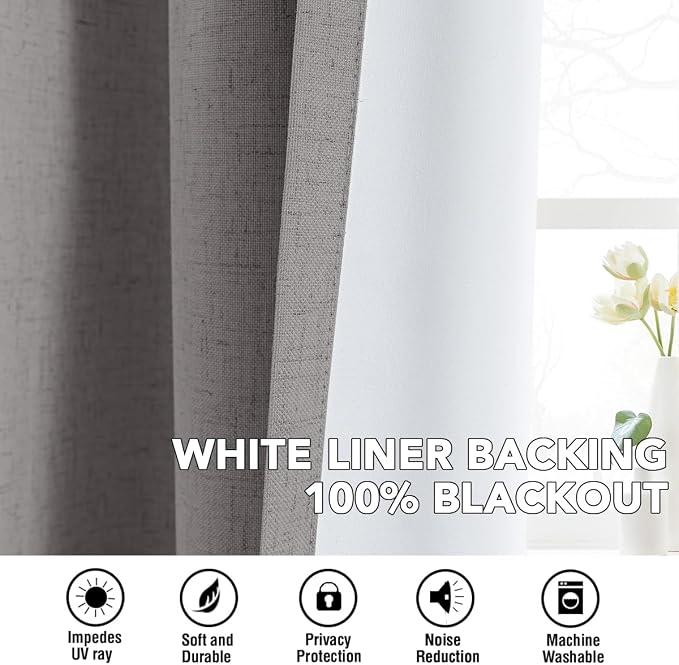 H.VERSAILTEX Linen Curtains 100% Blackout Curtains for Bedroom 102 inch Long Full Light Blocking Nature Linen Blended Window Curtains for Living Room Nickel Grommet (2 Panels, Heathered Dove)