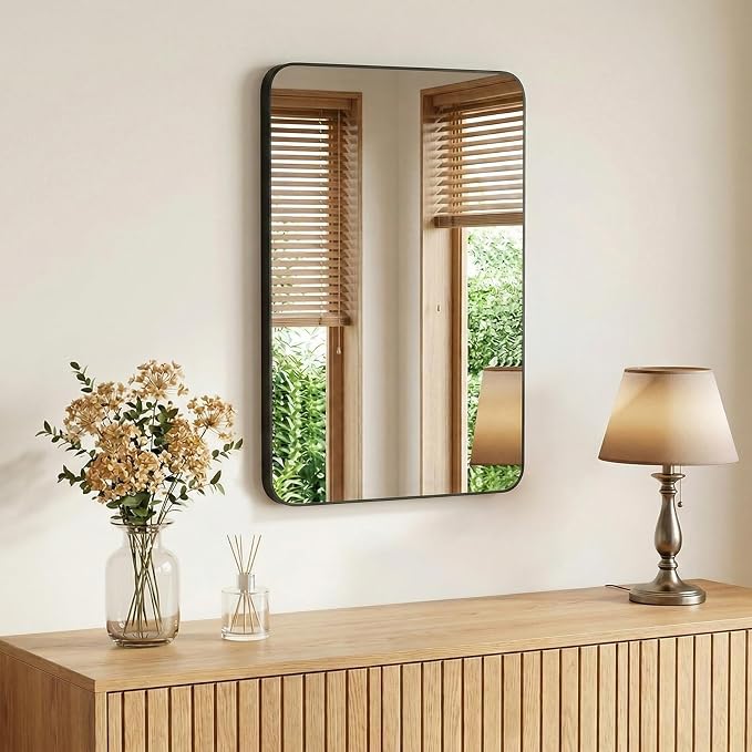 Sweetcrispy Bathroom Mirror for Over Sink, 26x38 Inch Wall Mount Mirror with a Rounded Rectangle and Matte Metal Frame, Modern Wall Vanity Mirrors for Home Decor, Living Room, Bedroom, Black