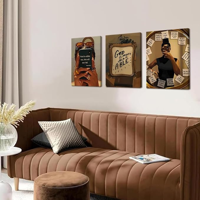 Framed Black Girl Wall Art Set of 3, Fashion Inspirational Black Woman Wall Decor Paintings, African American Positive Affirmations Pictures Canvas Prints for Living Room Bedroom Office 16x24 inch