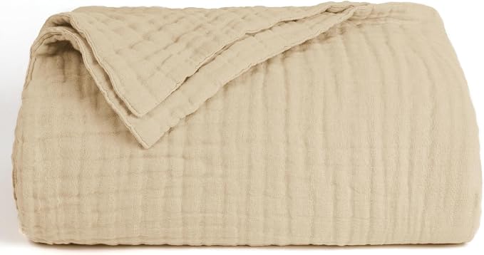 Love's cabin 100% Cotton Muslin Blanket, 6 Layer Lightweight Breathable Gauze King Size Blanket 108 x 90 Inches, Soft Summer Blanket for Bed, Khaki