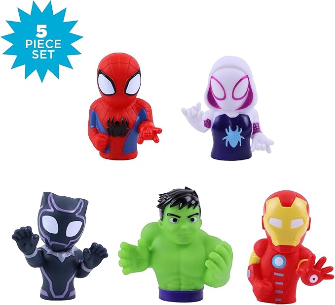 Marvel Spidey & Friends - Plus Avengers - 5 Piece Bath Squirter Bucket Set -Bath Toys for Baby and Toddlers - Includes Organizer Bucket - Store Bath Time Water Toy