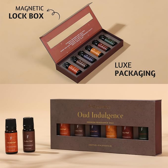 Folkulture Essential Oils Set for Diffuser | Set of 6 Luxury Floral & Oud Fragrance Oils | Orchid Oud, Rose Oud & Warm Sensual Blends | Aromatherapy & Home Fragrance Gift Set