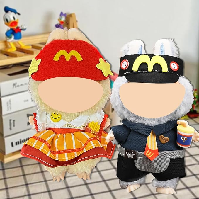 Doll Clothes for Labubu,Cute Outfit for 17cm Doll Clothe 2/3PCS Clothes and Hats Stylish Dolls Clothe for 17 cm Labubu,Casual Style Costumes for Labubu Dolls (Red Black McDonald's Set)