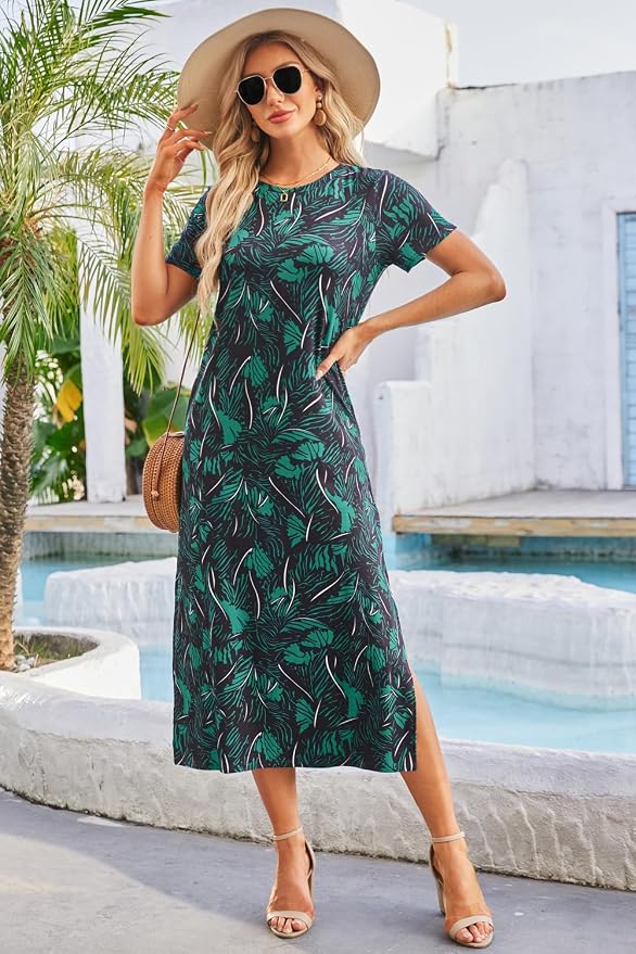 Naggoo Women's Casual T Shirt Midi Dress with Side Slit and Pockets
