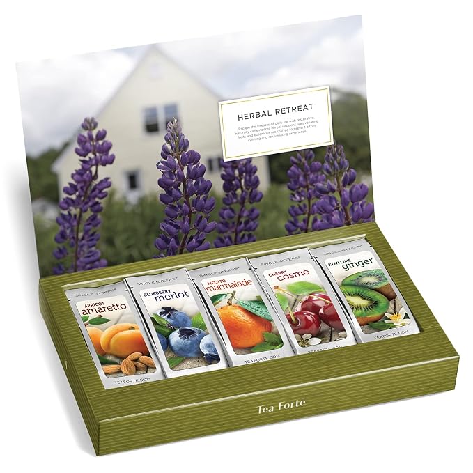 Tea Forte Single Steeps Loose Leaf Tea Sampler, Assorted Variety Tea Box, 15 Single Serve Pouches, Herbal Retreat Tea