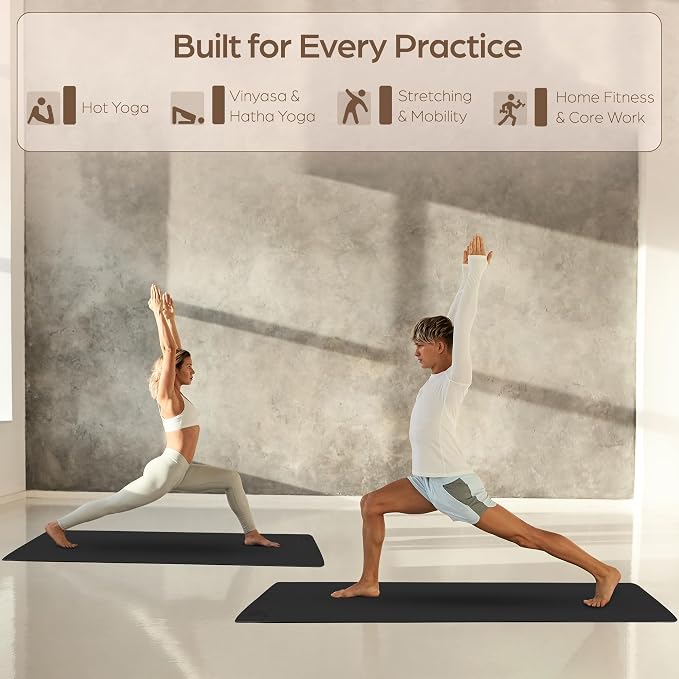 ORW Non Slip Hot Yoga Mat with Carrying Strap - Grip Surface & Natural Rubber Base, REACH Tested, Home & Studio Practice