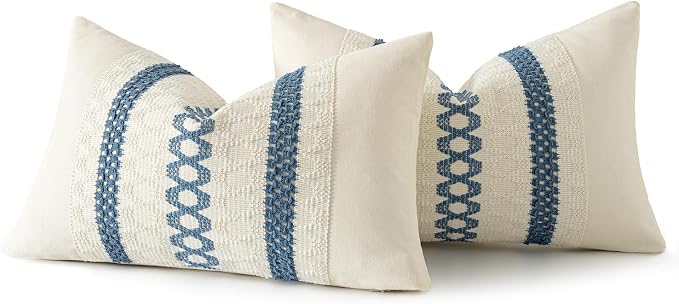 MIULEE Set of 2 Blue Boho Decorative Lumbar Pillow Covers 12x20 Inch | Farmhouse Coastal, Couch Throw Pillows, Modern Cushion Covers, Macrame Woven Spring Decor for Bed Sofa Chair