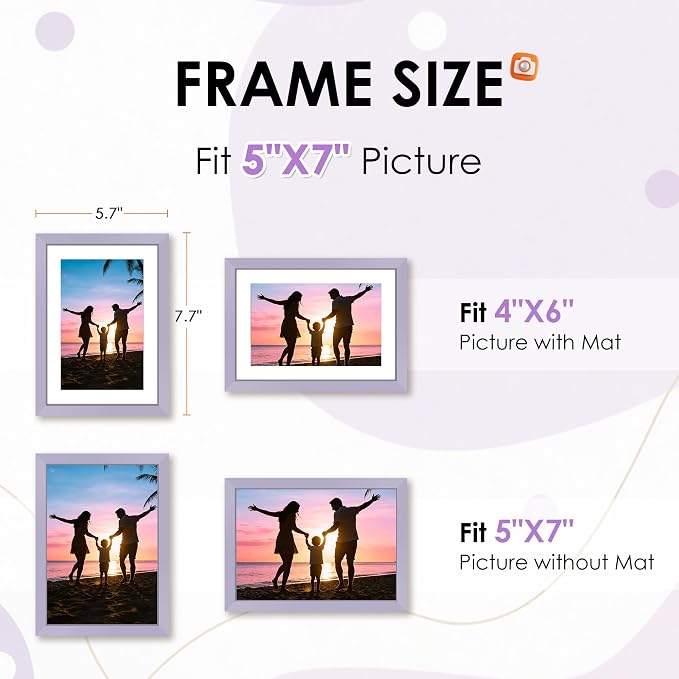 FIXSMITH 5x7 Picture Frame Set of 2, Purple Photo Frame with HD Plexiglass, Display Pictures 4x6 with Mat or 5x7 Without Mat Multi Picture Frames Collage for Tabletop or Wall Display