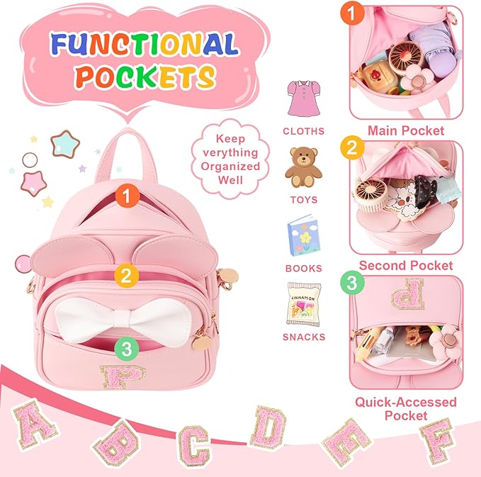 Personalized Toddler Backpack for Girls 3–10, Cute Mini Bowknot Mouse-Ear Toddler Bookbag Crossbody Purse, Small Daypack Wallet Set, Initial Birthday Gift, Trendy Little Kids/Teen Bag(Pink,P)