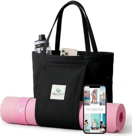 Nolava Yoga Mat with Bag – 72 x 24 inch, 1/4 inch Thick Non-Slip Mat – Includes Slap Band, Black Zippered Carry Tote with Mat Sleeve & Inner Pocket – For Yoga, Pilates, Home or Studio.