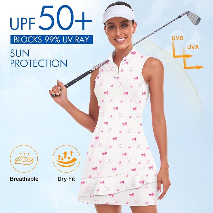 Viracy Tennis Dress for Women Sleeveless Golf Dresses with Shorts and Pockets Ruffle Zip Up Stand Collar Golf Outfits