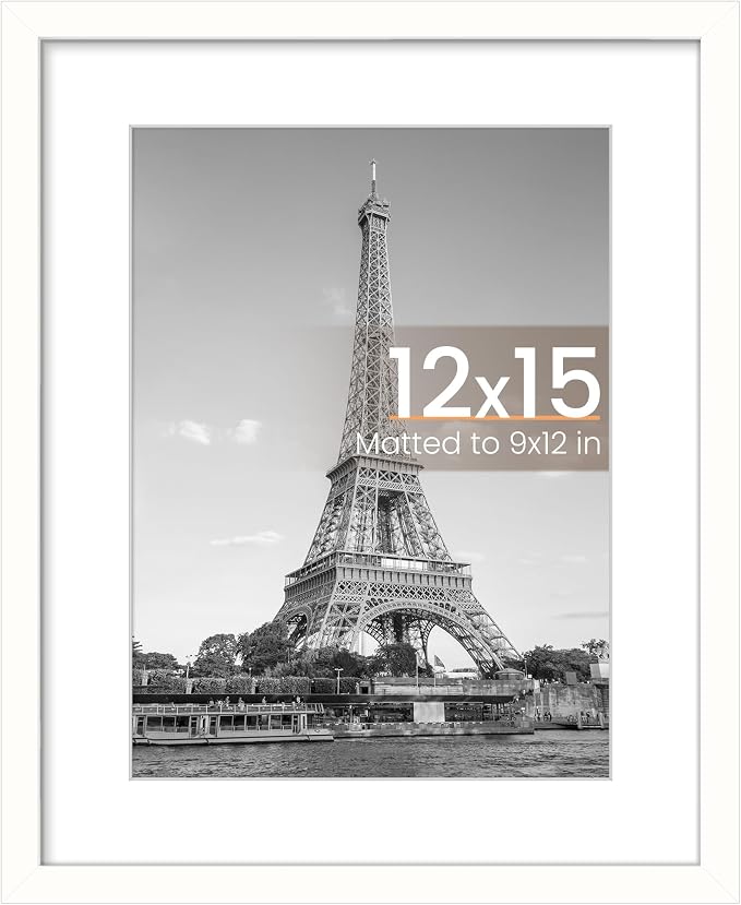 upsimples 12 x 15 Frame, Display Pictures 9x12 with Mat or 12x15 Without, Wall Hanging Photo Frame, White, 1 Pack