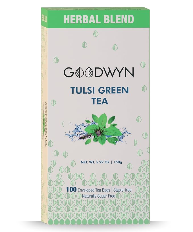 Goodwyn Herbal Tulsi Tea Bags Holy Basil Green Tea 100 Individually Wrapped Bags Low Caffeine Sugar Free Plastic Free Daily Wellness Herbal Tea Indian Origin Chai Eco Friendly