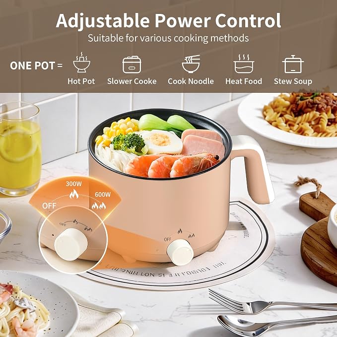 1.5L Electric Pot Non-Stick Ramen Cooker for Travel | Portable Personal Pot with Adjustable Power, for Noodles,Soup,Eggs,Oatmeal,Overheat & Boil-Dry Protection,for Dorm,Office