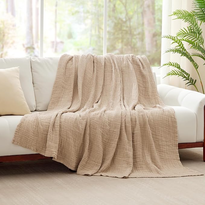 6 Layers Cotton Muslin Blankets Large, Lightweight Cotton Throw, Cooling Soft Throw Blanket for Year-Round Comfort, Breathable Quilt Bedspread, Gauze Weave Bedding for Adults, Oatmeal, Beige Linen