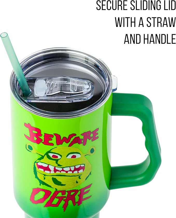 Silver Buffalo Shrek Beware Ogre Double Walled Stainless Steel Tumbler with Handle and Straw, Fits in Standard Cup Holder, 40 Ounces
