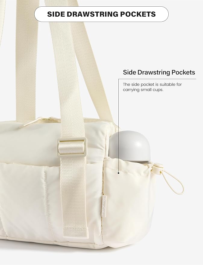 Uselike Small Gym Bag for Women, 7L Mini Duffle Bag for Travel, Lightweight Quilted Puffer Bag for Daily, Cute Shoulder Bag for Dance with Wet Pocket (Off White)
