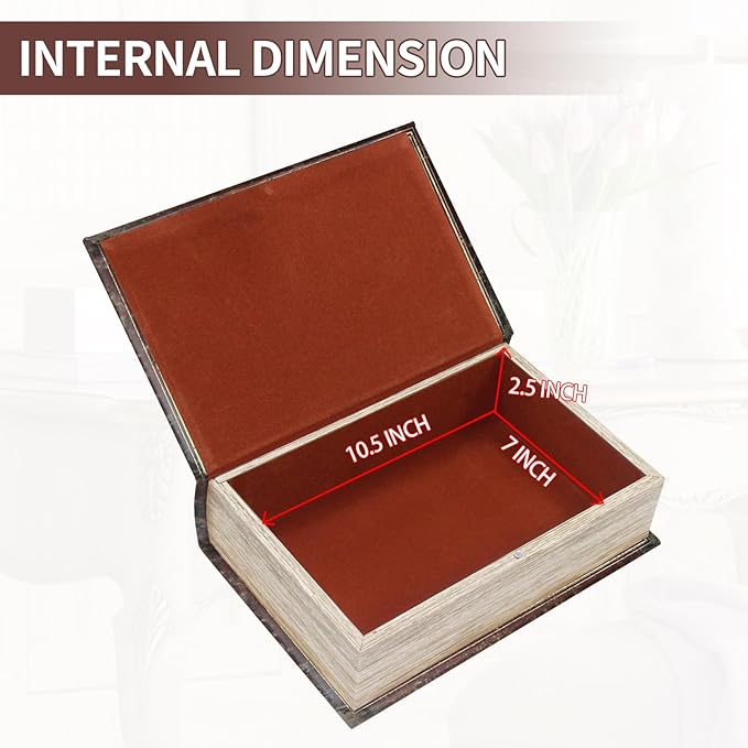 Faux Leather Decorative Book Storage Box with Embossed Lion Crest | Vintage Look Hidden Keepsake Box for Jewelry, Letters & Valuables, Elegant Home Office Shelf Decor (Reddish Brown)
