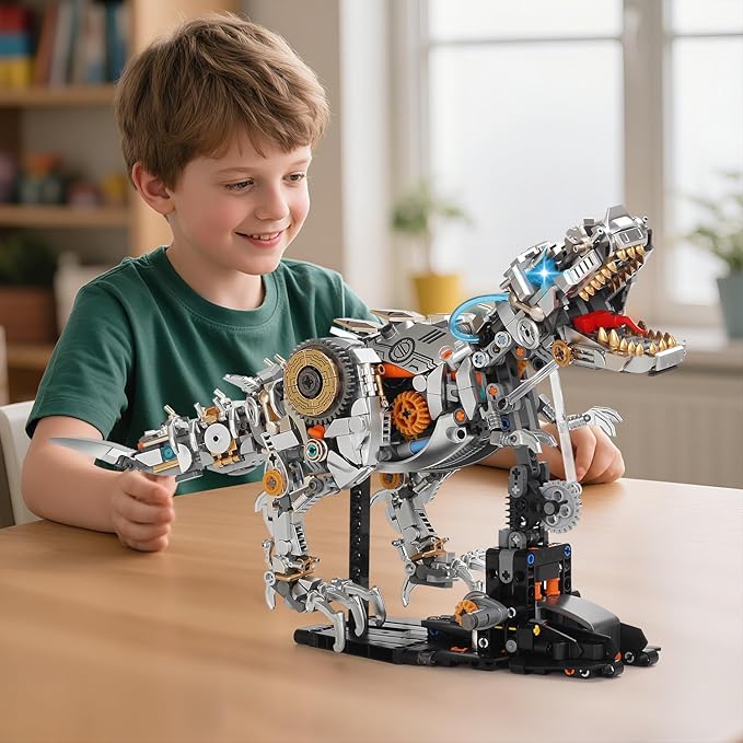 Mechanical Dinosaur Building Blocks Linkage Kit, Jurassic Animal Tyrannosaurus Rex Model with Lighting & Display Stand, STEM Toy DIY Desktop Ornament for Kids Ages 12+, Birthday Gift Idea