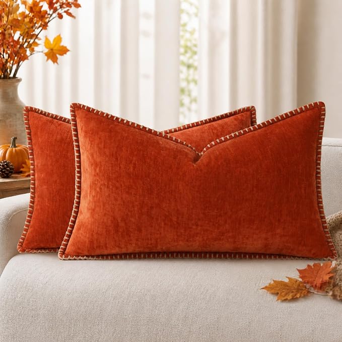decorUhome Soft Chenille Throw Pillow Covers 12x20 Set of 2 Rust | Fall Textured Decorative Throw Pillow Cases Stitched Edge Modern Farmhouse Luxury Boho Velvet for Couch Sofa Bed Home Decor