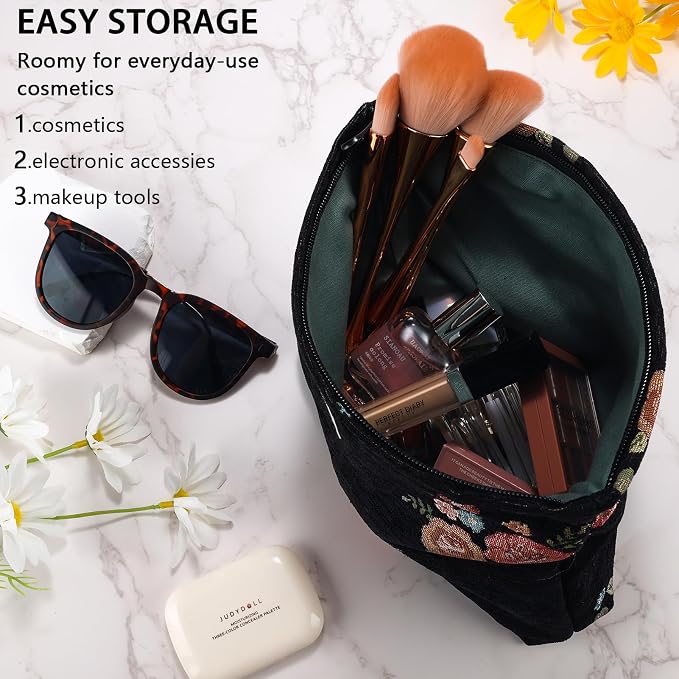 ZLFSRQ Makeup Bag Travel Cute Black Vintage Flower Floral Cosmetic Bags for Women Large Embroidery Toiletry Pouch Zipper Cosmetic Pouch for Purse Aesthetic Makeup Organizer Bag Portable Toiletry Bags