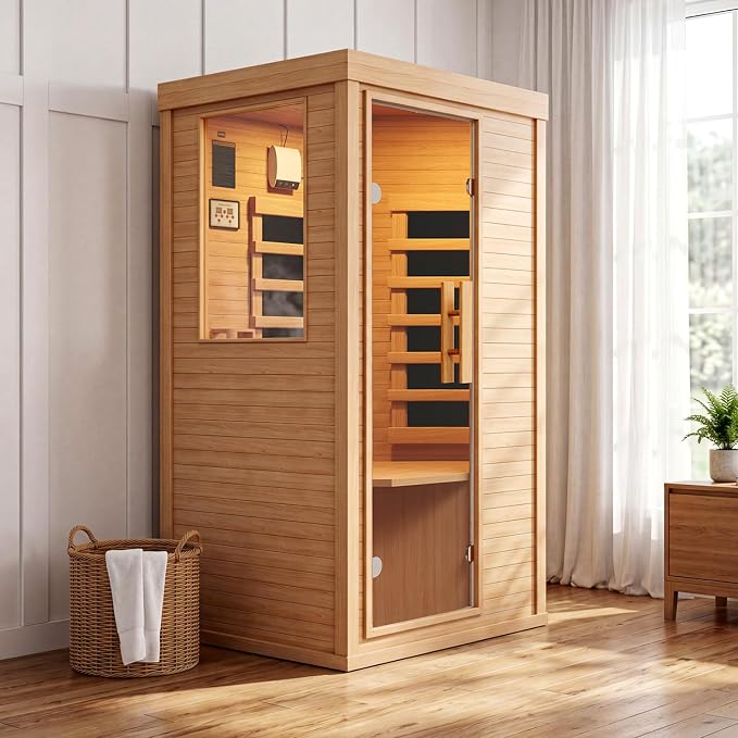 Wood Infrared Home Sauna Room, 1 Person Traditional Indoor Saunas, Canadian Hemlock Dry Sauna Spa for Low EMF with Tempered Glass Door, Bluetooth Speakers and Control Panel, 32.6 x 27.5 x 59.5 Inch