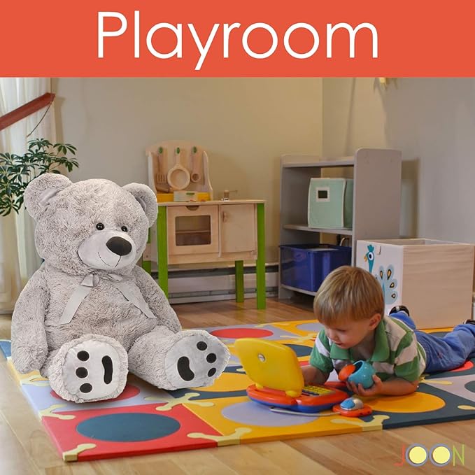 JOON Huge Teddy Bear - 38 Inches, Light Gray, Fluffy Faux Fur, Ribbon & Bow Signature Footprints- Huggable & Lovable Joy – Gift for Baby Showers, Loved Ones – Perfect Large Cuddly Plush Toy Companion