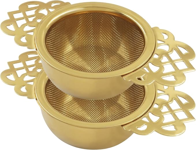 2 Pack Fine Mesh Tea Strainers with Drip Bowls, Stainless Steel Loose Leaf Tea Filter, Double Wing Handles for Mugs & Cups 2.5-4 Inch Mouth, Gold