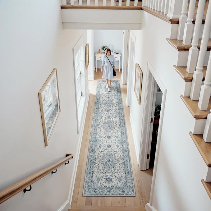 RELEANY Area Rugs Runner 2'x9' Washable Non-Slip, Floral Vintage Distress Medallion Carpet for Kitchen Hallway Bedroom Beside Laundry Room Bathroom, Light Blue Navy Gray White