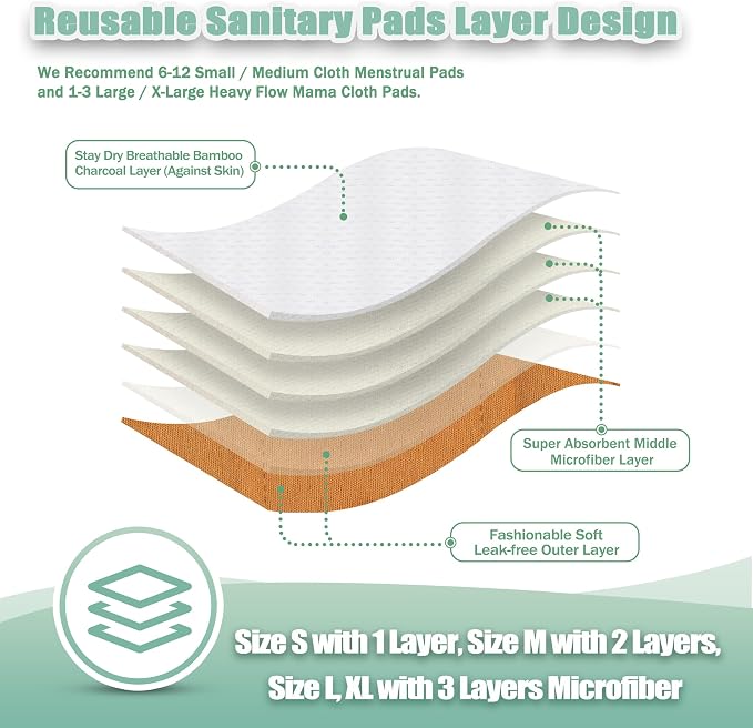 Wegreeco Cloth Menstrual Pads - Soft Washable Pads for Women - Reusable Panty Liners for Women - 6 Pack with 1 Cloth Mini Wet Bag (Large, Dark Coffee)