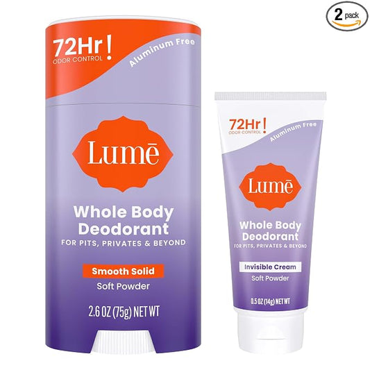 Lume Whole Body Deodorant - Invisible Cream Tube Mini and Solid Stick - 72 Hour Odor Control - Aluminum Free, Baking Soda Free, Skin Safe - 0.5 Oz Mini Tube + 2.6 Oz Solid Stick (Soft Powder)