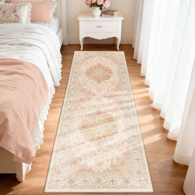 CAPALOCA Runner 2x6 Washable Nursery Girls Low Pile Area Rug Pink Green | Non-Slip Soft Rugs for Bedroom Kids Playroom Living Room, Print Pattern Water Repellent Carpet Indoor Decor