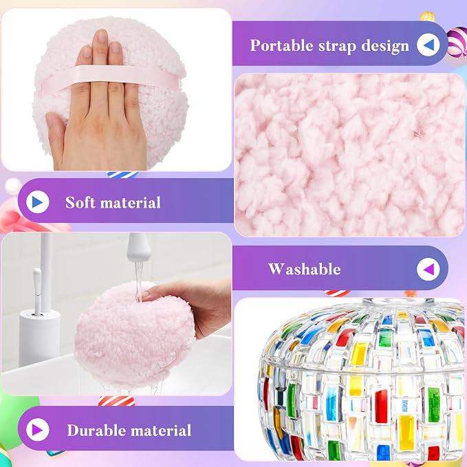Tioncy 2 Set Extra Large Body Powder Puff and Container, 6'' Washable Vintage Decorative Crystal Powder & Container Gift for Bathroom Counter & Feminine Vanity Decor(Weave Design,Multicolor)