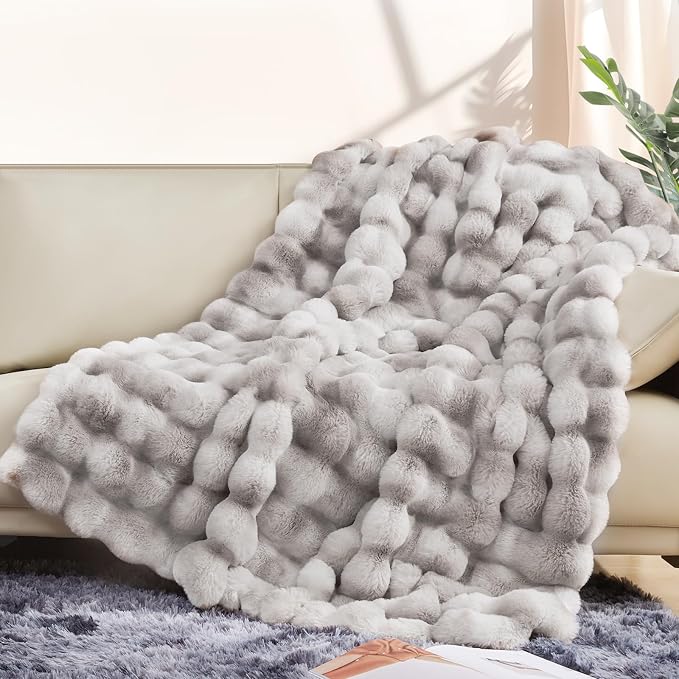 Luxury 1000GSM Faux Rabbit Fur Throw Blanket, Super Heavy Warm Cozy Grey Blankets for Couch Bed Sofa, Ruched Plush Fuzzy Elegant Soft Reversible Mink Blanket for Living Room Bedroom