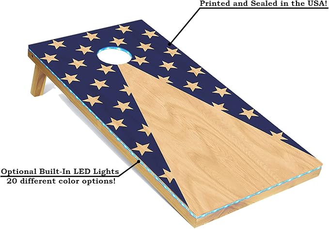 Tailgating Pros American Themed Lightweight Corn Hole Board Set w/Multicolored LED Rings, Bean, Bags, and Carrying Case - 4'x2' Cornhole Toss