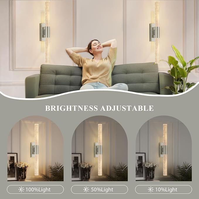 camuucci Battery Operated Wall Sconces Set of 2, Rechargeable Wall Lights | 12000mAh Long-Lasting Battery,Dimmable Cordless Sconce,No Wiring Needed for Bedroom,Living Room,Silver 20.9-Inch